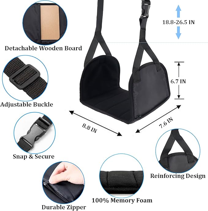 Airplane Travel Foot Hammock Made with Premium Memory Foam, No Collapse Airplane Footrest with Extended Adjustment Strap, Foot Hammock & Portable Plane Leg Rest, Provides Relaxation and Comfortable