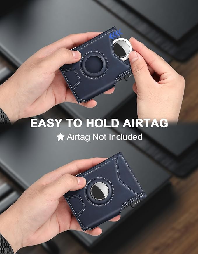 Airtag Wallet for Men, Minimalist Slim Mens Wallet Smart Pop Up Credit Card Holder for 9-13 Cards, RFID Blocking Wallet with ID Window & Cash Slot, Compact Bifold Metal Aluminum Card Case