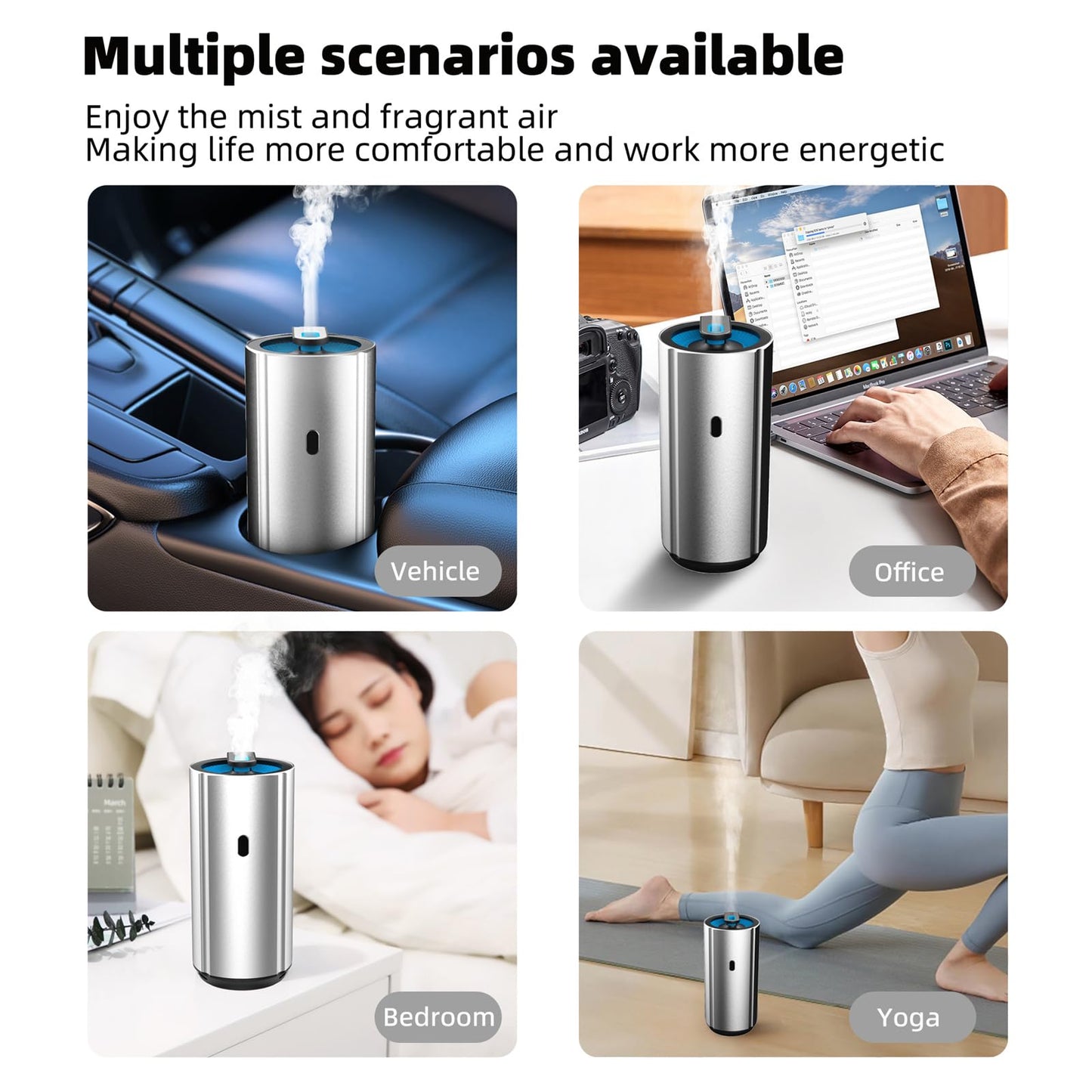 Aluminum Car Diffuser Essential Oil Car Aromatherapy Humidifier 100ml Personal Vehicle Scent Freshener Cool Mist Mini Portable Ultrasonic Diffuser with Colorful Lights for Small Space (Silver)