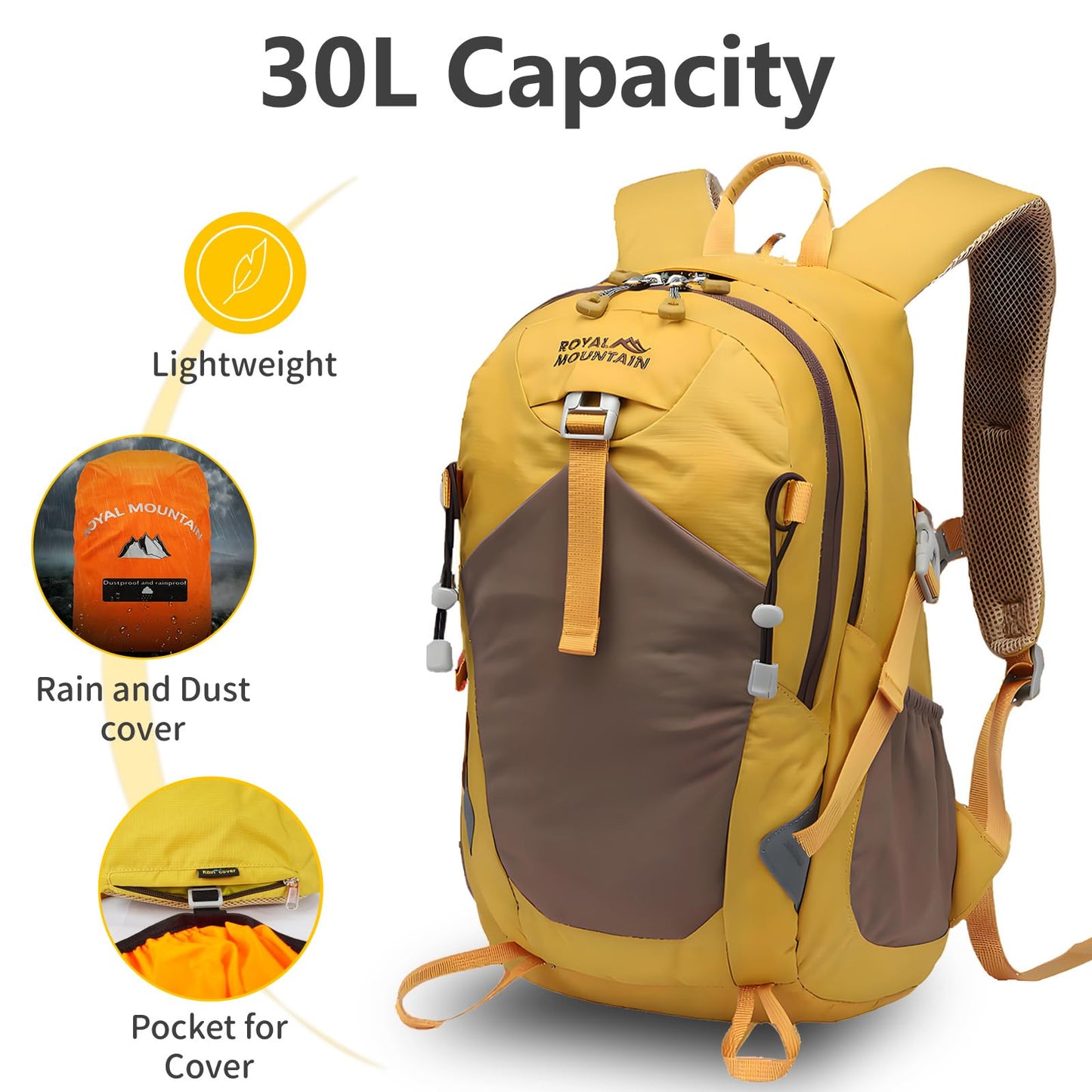 ROYAL MOUNTAIN Hiking Backpack 30L Foldable Travel Daypack For Women Men,Camping Daypack Backpacks Lightweight,Durable Hiking Backpack Fit For Hiking,Daily Commuting,Short Trips.(With Rain-cover)