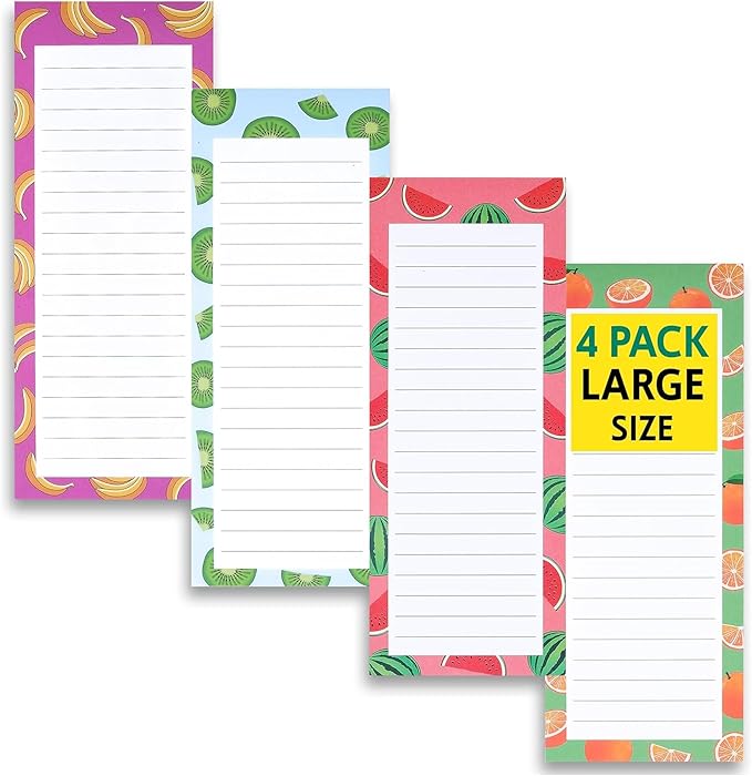 4 Large Magnetic Notepads – Shopping List, To-Do List, Reminders, Grocery List Pads -Strong Full Magnetic Back- Memo Pads with Realistic Fruit Designs | 60 Sheets per Pad 9 x 3.5 inch (4 Pack)