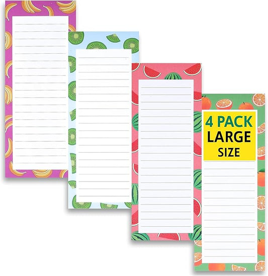 4 Large Magnetic Notepads – Shopping List, To-Do List, Reminders, Grocery List Pads -Strong Full Magnetic Back- Memo Pads with Realistic Fruit Designs | 60 Sheets per Pad 9 x 3.5 inch (4 Pack)