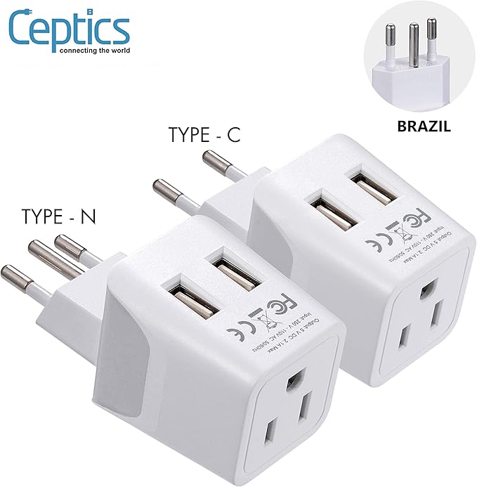 Ceptics Brazil Travel Plug Set - with 2 USB + USA Socket Input - Type C and Type N- Ultra Compact - Safe Grounded Perfect for Cell Phones, Laptops, Camera Chargers