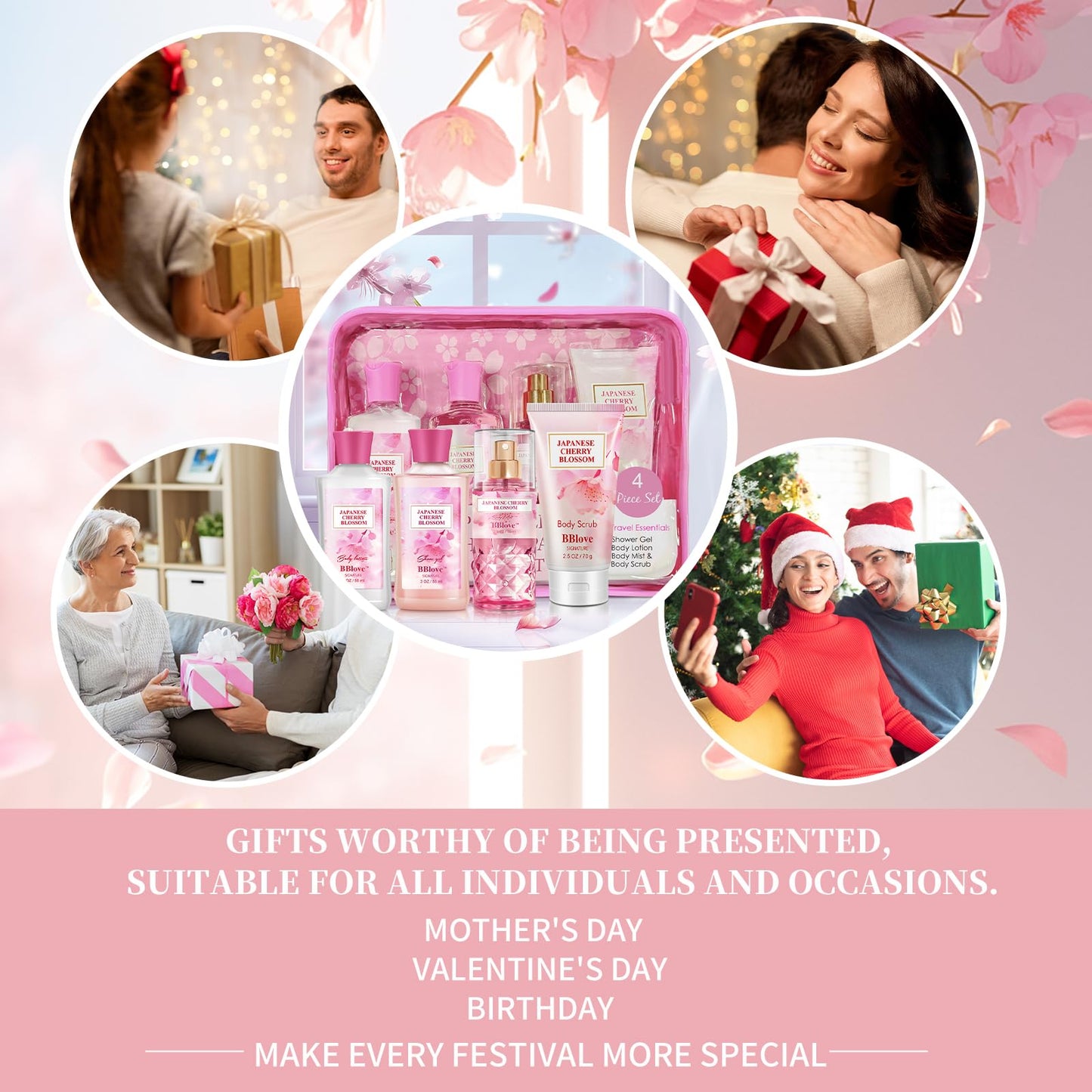 BBlove Bath and Body Gift Set for Women & Girls, Japanese Cherry Blossom, 4PCS Set for-Shower Gel, Body Lotion, Body Mist, Exfoliating Scrub, Body Care Set