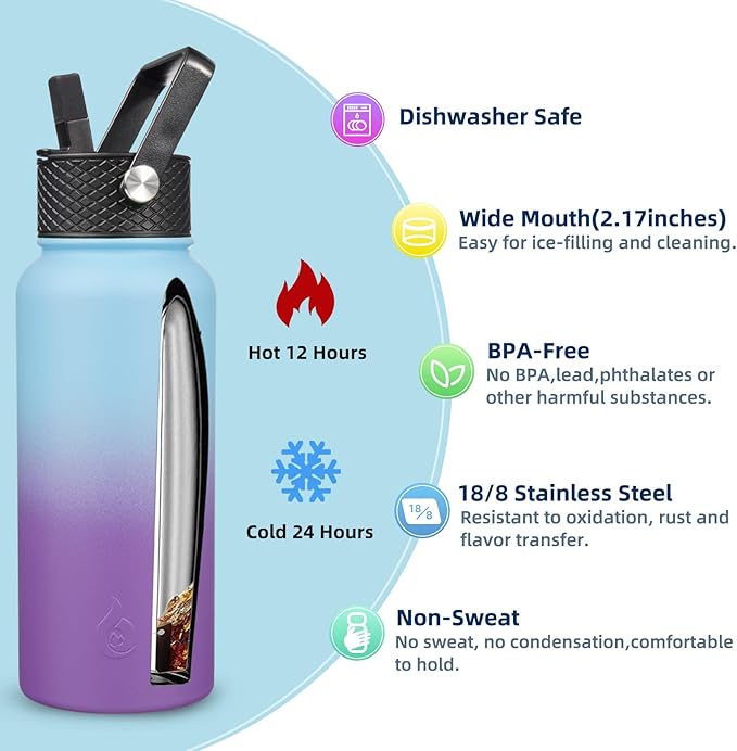 BJPKPK Insulated Water Bottles with Straw Lid, 32oz Metal Large Water Bottle with 3 Lids, Reusable Leak Proof BPA Free Thermo, Stainless Steel Tumblers for Sports, Gym, Travel-Ocean Dream