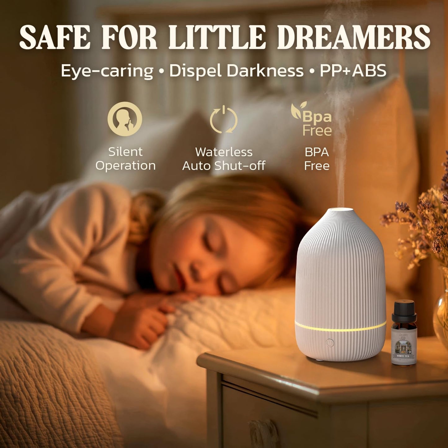 Essential Oil Diffuser, 100ml Aromatherapy Diffuser, Mini Ultrasonic Diffuser for Essential Oil, Home, Office, Cool Mist Humidifier with 7 Led Light, Auto Shut-Off, White