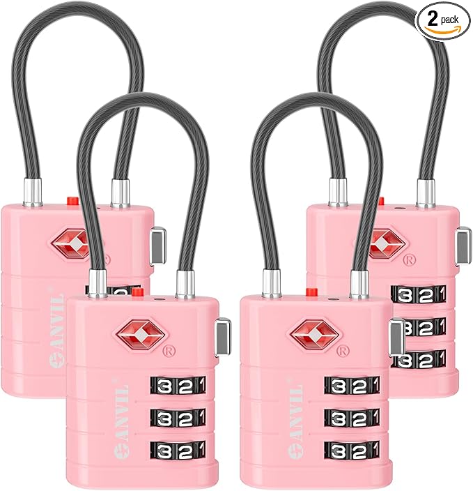 ANVIL TSA Approved Luggage Locks – High Security TSA008 Combination Travel Locks with Inspection Indicator for Suitcases and Backpacks. (4, Pink)