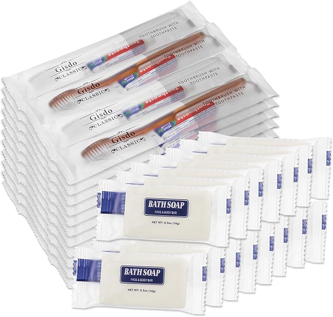 30 Pack Disposable Toothbrushes with Toothpaste and Soap Individually Wrapped, 30 pcs Toothbrushes (2 Colors) with 30 pcs Bar Soap(0.5 oz)