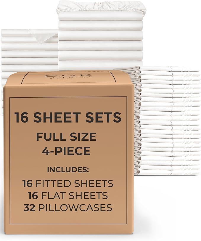 Bulk Case Pack of 16 Sheet Sets - (16) Complete Full Size Sheet Sets with Deep Pockets - Wholesale Bulk Bedding for Hotels, Spas & Airbnbs - Breathable, Cooling & Wrinkle Free - (Full, Antique White)