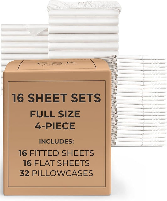 Bulk Case Pack of 16 Sheet Sets - (16) Complete Full Size Sheet Sets with Deep Pockets - Wholesale Bulk Bedding for Hotels, Spas & Airbnbs - Breathable, Cooling & Wrinkle Free - (Full, Antique White)