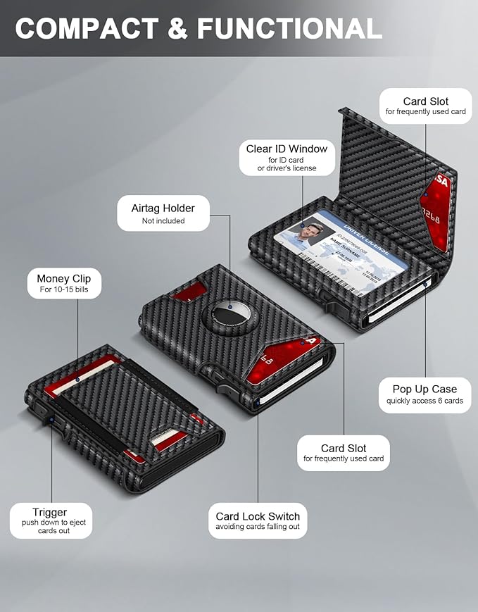 Airtag Wallet for Men, Minimalist Slim Mens Wallet Smart Pop Up Credit Card Holder for 9-13 Cards, RFID Blocking Wallet with ID Window & Cash Slot, Compact Bifold Metal Aluminum Card Case