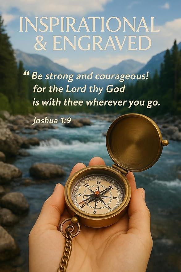 Be Strong and Courageous Compass – Antique Nautical Magnetic Compass with Engraved Scripture Quote – Baptism Gift with Wooden Box for Son, Father, Husband, Loved One
