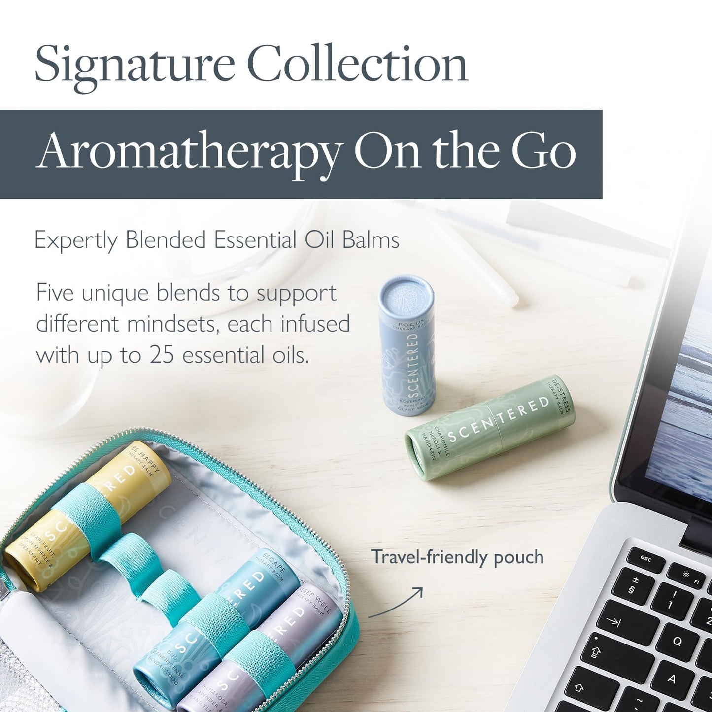 Scentered Aromatherapy Balm Stick Gift Set with Travel Pouch - Sleep, Focus, Stress-Relief, Mood Boost & Calm - 100% Natural Essential Oil Blends: Lavender, Chamomile, Rosemary, Cedarwood, Ylang Ylang