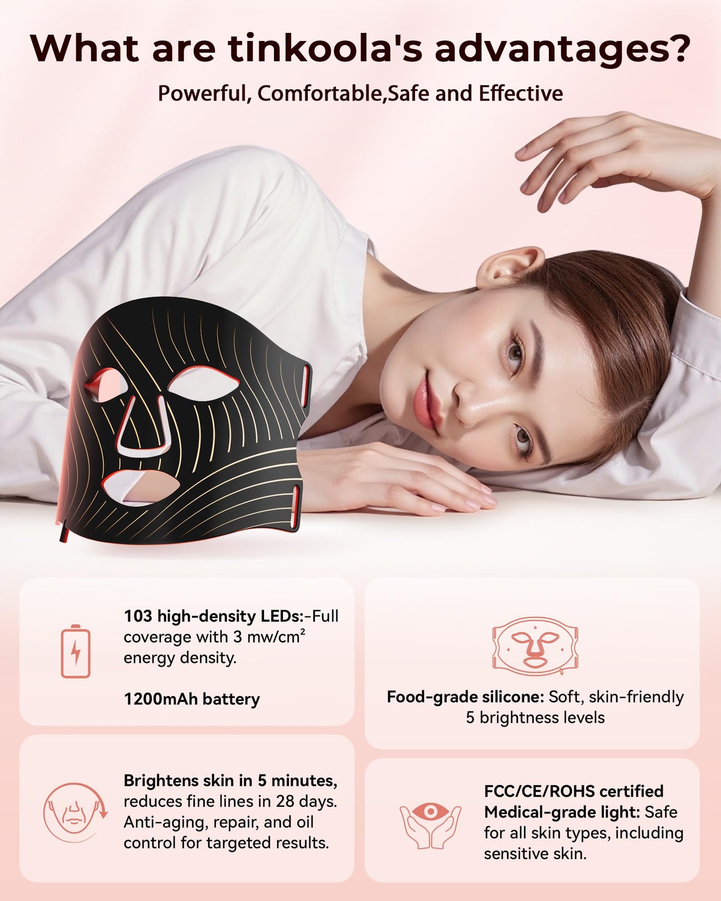 tinkoola Red Light Therapy for Face,LED Face Mask Light Therapy,LEDs Face Mask & Neck Mask Red Wavelength,Rechargeable Ergonomic Design for True Skincare at Home (Black)