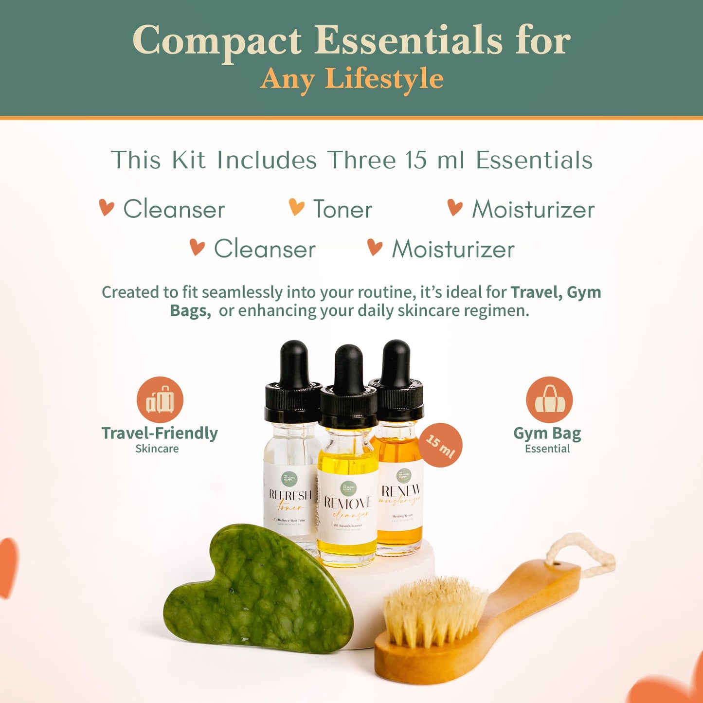 Healing Happy Method – Natural Skincare Trial Kit | 15ml Cleanser, Toner & Moisturizer + Face Brush & Gua Sha | Compact Facial Gift Set for Travel & Self-Care