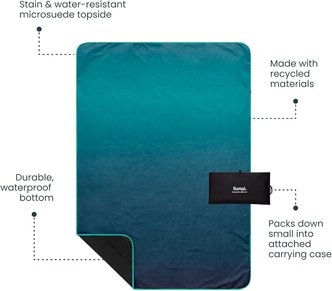 Rumpl Everywhere Mat, Waterproof Picnic Blanket and Ground Mat for Camping, Hiking, and Picnicking, 52x75 Inches, Ocean Fade