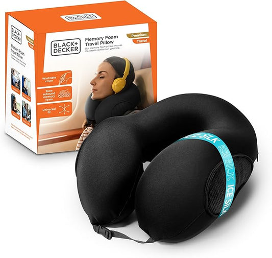 BLACK+DECKER Memory Foam Travel Neck Pillow Travel Pillow for Plane, Car & Train| Ice Silk Cooling Fabric, Ergonomic Design, Neck Support, Washable Cover,Black