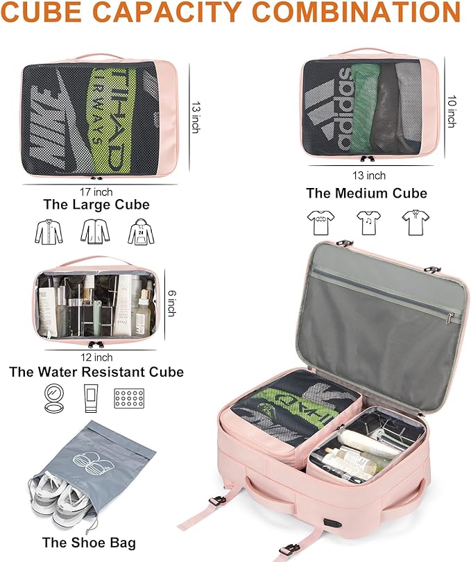 Carry on Travel Backpacks, Extra Large 40L Flight Approved Bag for Men & Women,Expandable Suitcase Backpack With 4 Packing Cubes,Water Resistant Luggage Daypack Business Weekender Bag,Pink