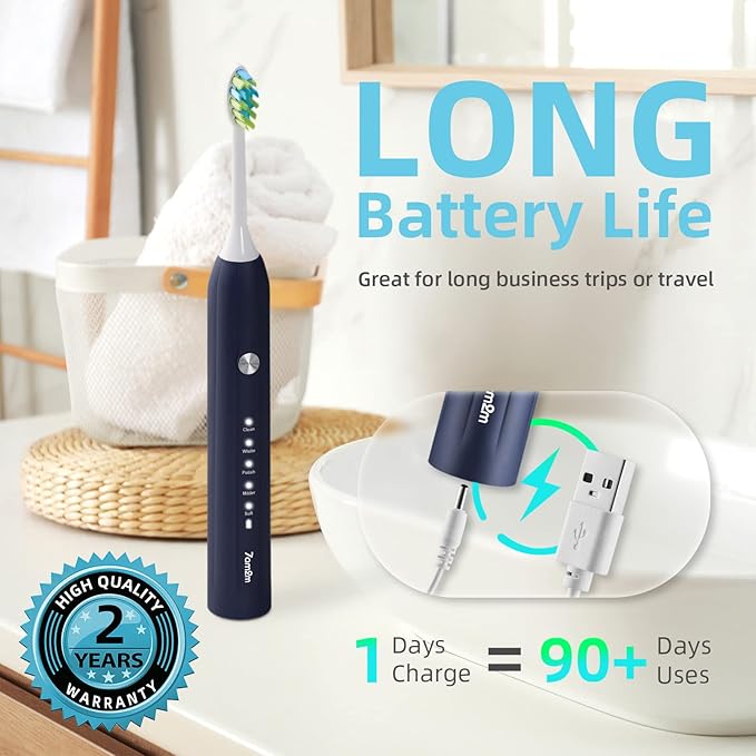 7AM2M Sonic Electric Toothbrush for Adults and Kids, with 8 Brush Heads and Travel Case,5 Modes with 2 Minutes Build in Smart Timer, One Charge Use for 90 Days, Rechargeable Toothbrushes(Navy Blue)