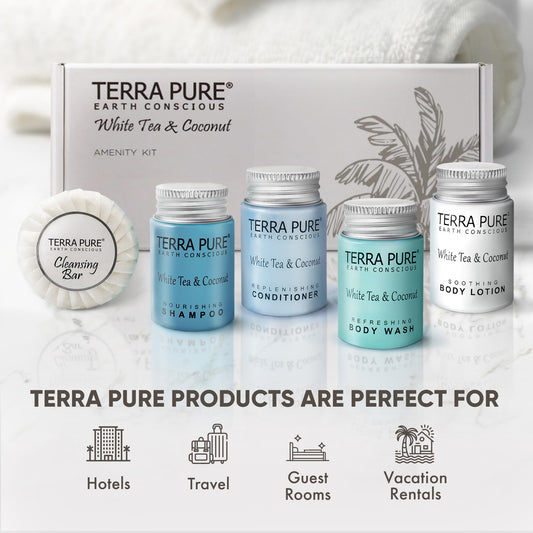 Terra Pure White Tea & Coconut Amenity Kit | Hotel Bulk Toiletries | 1 oz Shampoo, Conditioner, Lotion, Body Wash, Cleansing Bar for Guest Hospitality Vacation Rentals | 1 Set/Case