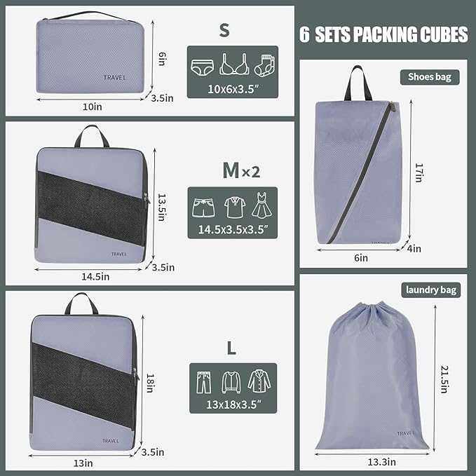Compression Packing Cubes for Travel, Space Saving Vacation Travel Essentials, Accessories for Suitcase Organizer Bags Set, Durable Luggage Organizer Bags (grey)
