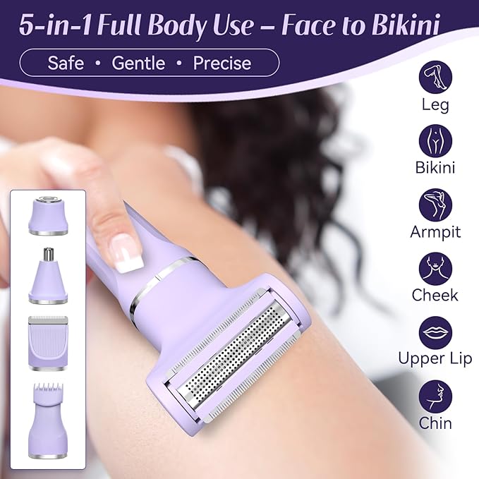 5-in-1 Bikini Trimmer for Women, IPX7 Waterproof Electric Razors Shaver, Cordless Body Hair Trimmer, Facial & Pubic Hair Removal, Ceramic Blade (Light Purple)