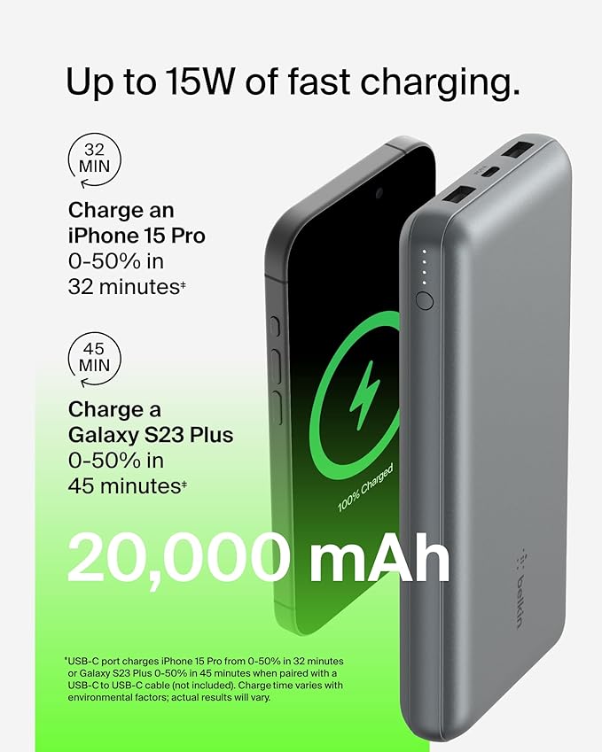 Belkin Portable Charger, USB C Power Bank 20000 mAh w/ 2 USB-A Ports, 15W w/A to C Cable for iPhone 17, Air, Pro, Pro Max, Samsung Galaxy S25, iPad, Nintendo Switch 2, Google Pixel 10, etc. - Gray