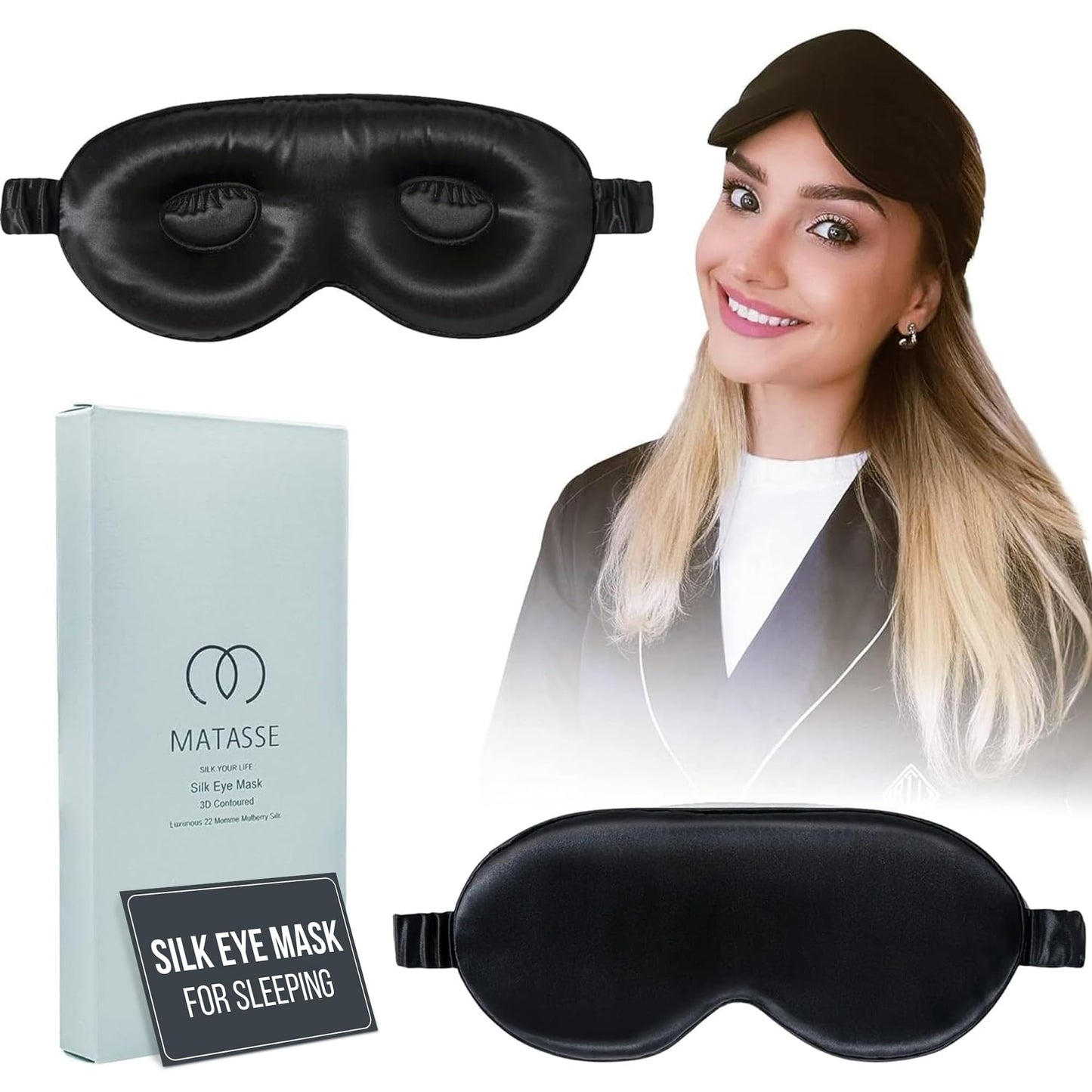 MATASSE Silk Eye Mask for Sleeping with Adjustable Elastic Band - 3D Contoured, Eye Cover Sleep Mask w/Genuine Mulberry Silk Including The Strap for Women, Men (Black)