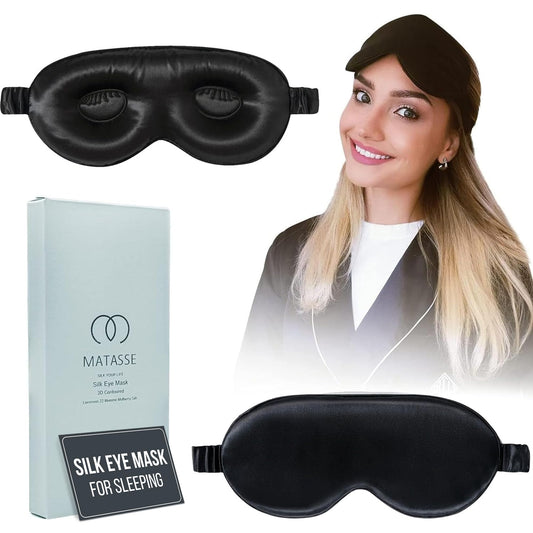 MATASSE Silk Eye Mask for Sleeping with Adjustable Elastic Band - 3D Contoured, Eye Cover Sleep Mask w/Genuine Mulberry Silk Including The Strap for Women, Men (Black)