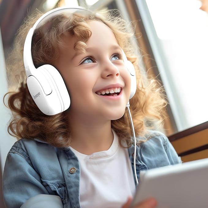 Kids Headphones for School, 3.5mm Jack Wired Headphones for Kids with Safe Volume Limiter, HD Stereo Sound On-Ear Girls Boys Toddler Headphone for Tablet, iPad, Kindle(Wihte)