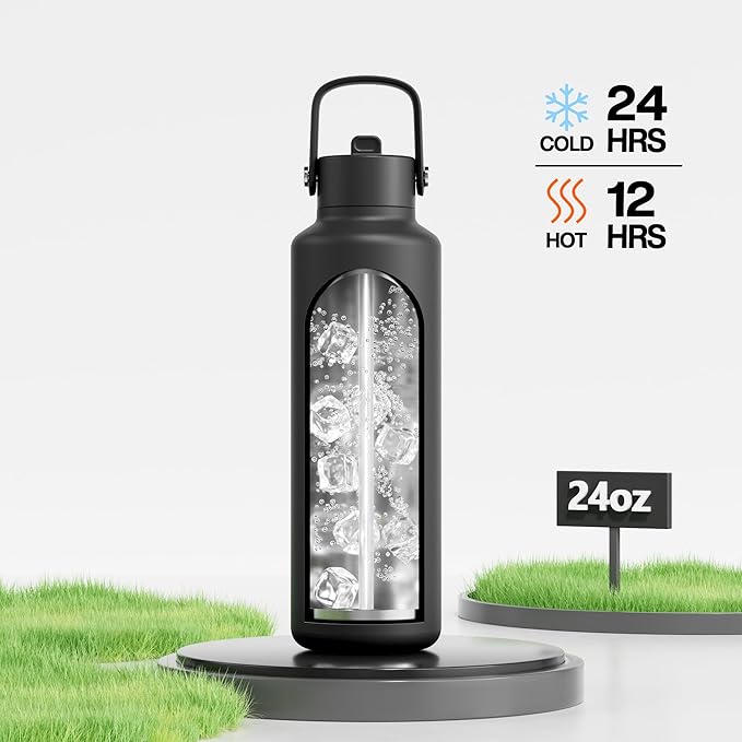 24 oz Slim Insulated Water Bottle for Outdoors: Leakproof, Flex Cap, Lightweight, Cold for 24 Hrs, Double Walled Stainless Steel Thermos with Straw for Travel, Hiking, Biking, Sport (Midnight Black)