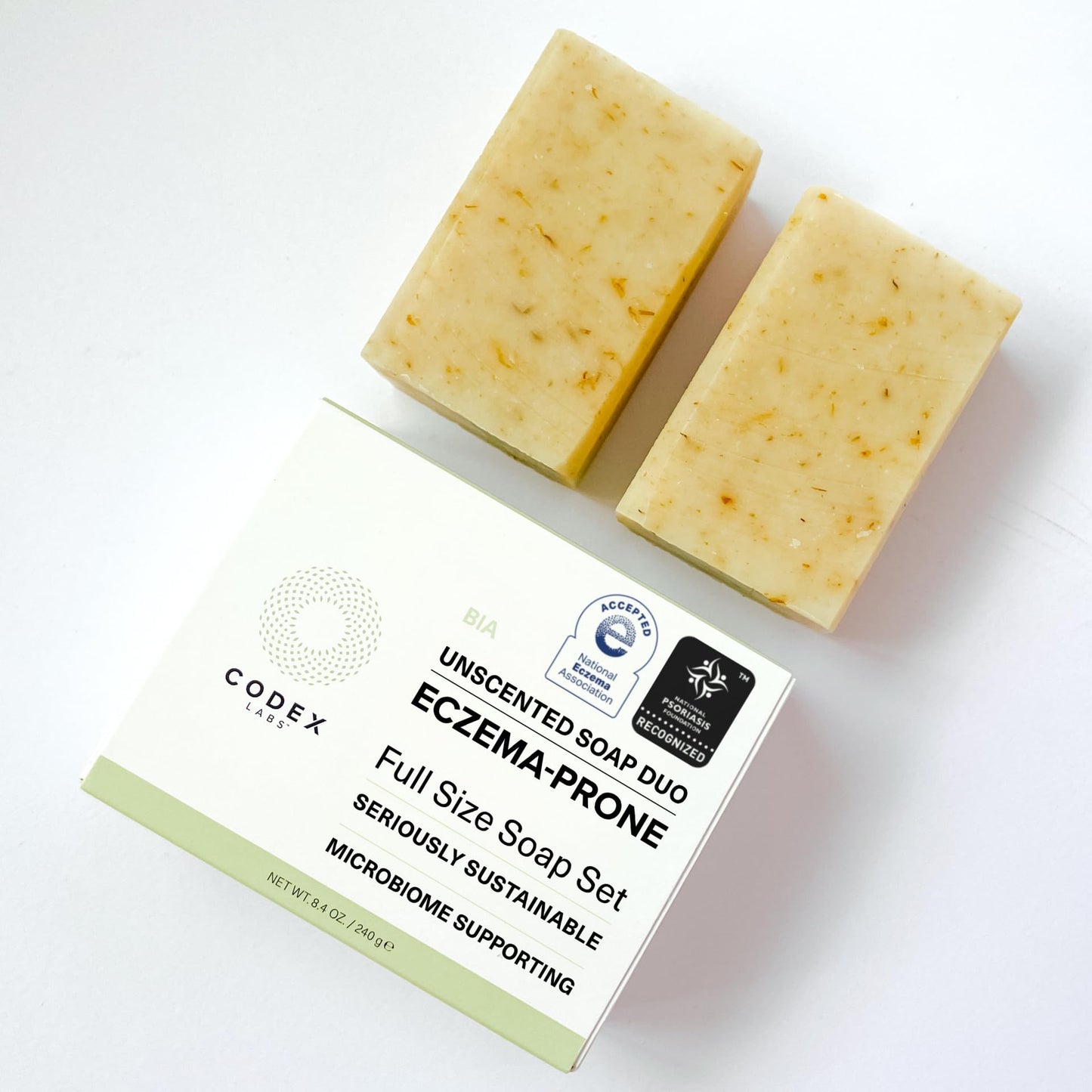 Codex Labs Eczema Soap for Kids & Adults – 2-Pack Unscented Eczema Hand Soap Bars with Shea Butter, Olive Oil & Calendula – Microbiome-Supporting, pH-Balanced, Clinically Tested – 8.4 oz Total