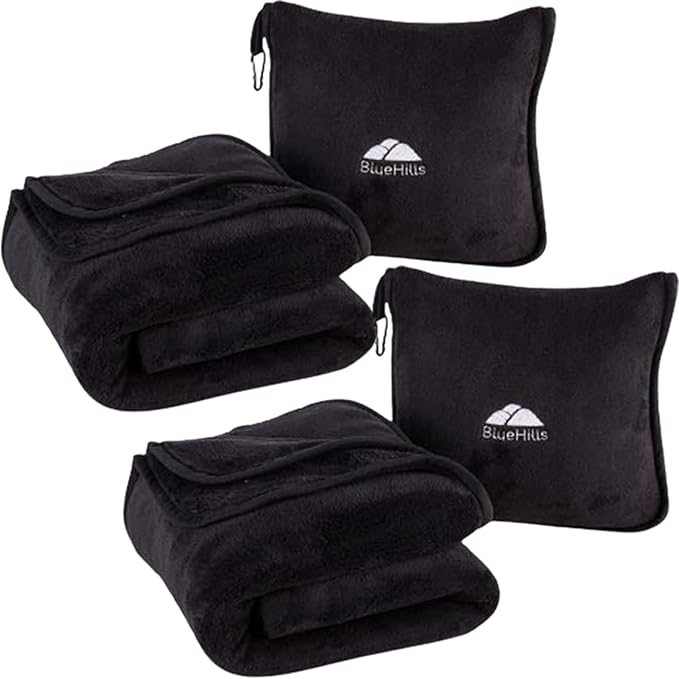 BlueHills 2-Pack Premium Soft Travel Blanket Pillow Airplane Blanket for Two in Soft Bag Pillowcase with Hand Luggage Belt and Backpack Clip, Compact Pack Large Blankets for Travel (Black T014)