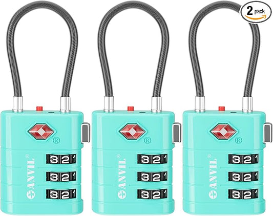 ANVIL TSA Approved Luggage Locks – High Security TSA008 Combination Travel Locks with Inspection Indicator for Suitcases and Backpacks. (3, Cyan)