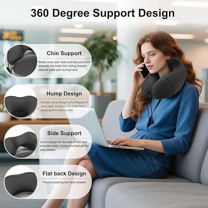 Travel Pillow Memory Foam Neck Pillow for Airplane Washable Silk Cover Ergonomic Neck Support Pillow with Storage Box