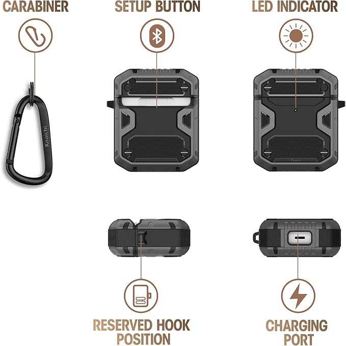 Koaichi Compatible with AirPods Case, Full-Body Rugged Hard Shell Protective Case Cover with Keychain Designed for AirPods 1st & 2nd, Black