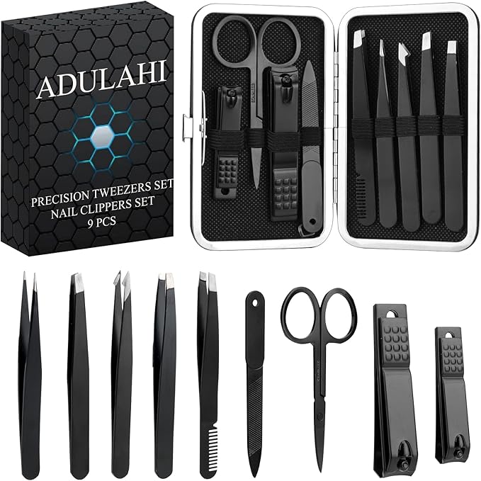9PCS Professional Tweezers Set and Nail Clippers for Men and Women, Stainless Steel Tweezers No Gaps with Leather Travel Case