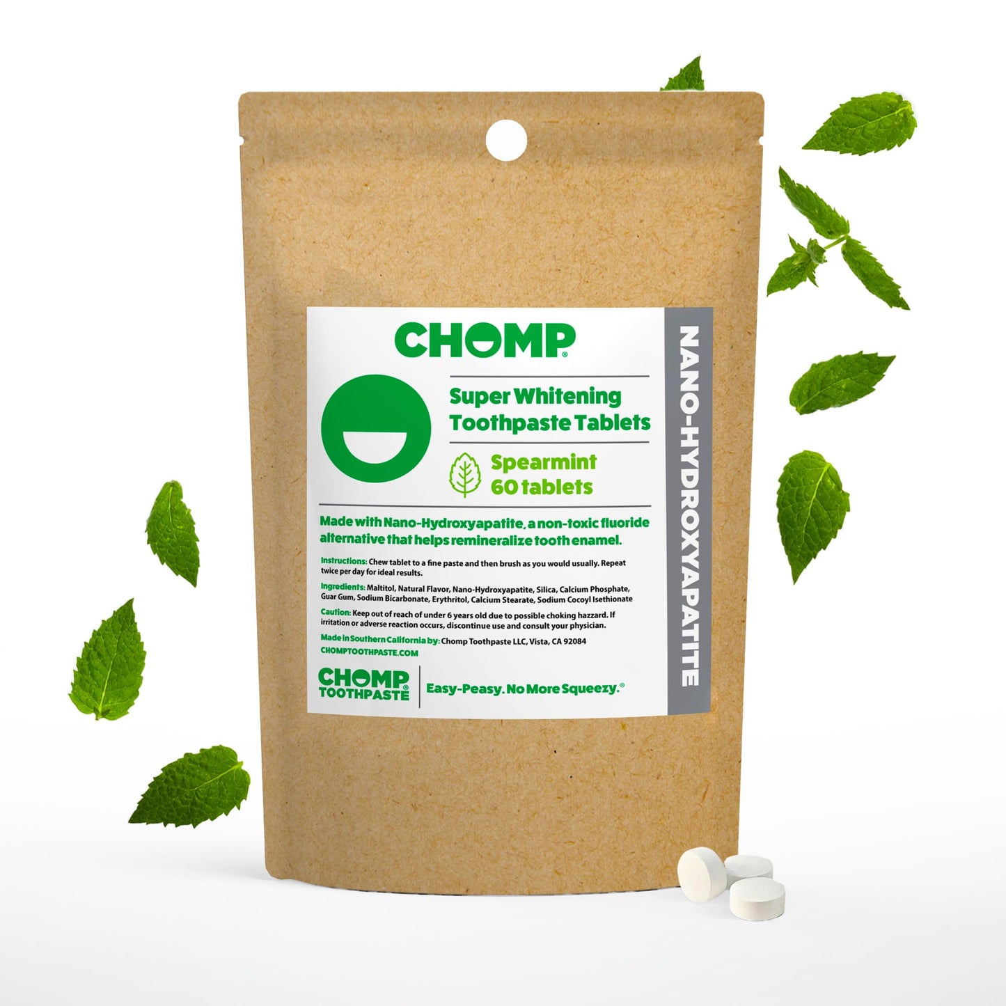 Chomp Super Whitening Spearmint Toothpaste Tablets with Nano Hydroxyapatite Refill