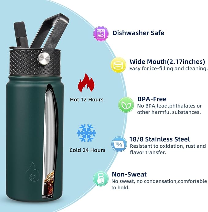 BJPKPK Insulated Water Bottles with Straw Lid, 18oz Stainless Steel Metal Water Bottle, Cold Hot Thermo with 3 Lids, Leak Proof BPA Free Travel Cup, Wide Mouth Flasks, Thermo-Army Green