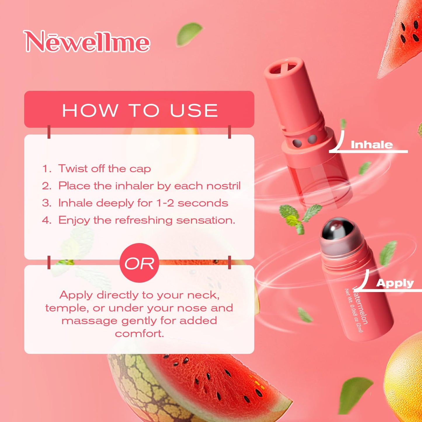 NEWELLME Dual-Use Aromatherapy Nasal Stick - 3 Refreshing Scents (Mint, Watermelon, Tropical) for Sinus Relief, Energy Boost & On-The-Go Comfort, Pack of 3