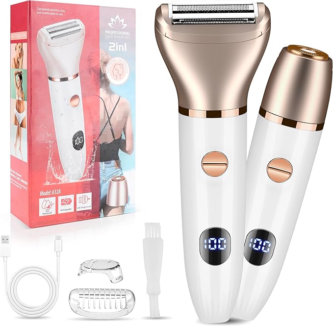 Karrte 2-in-1 Women Electric Shaver Dual Head Bikini Trimmer, Razors for Shaving Pubic Hair, Wet and Dry Cordless Painless Hair Removal for Private Area White