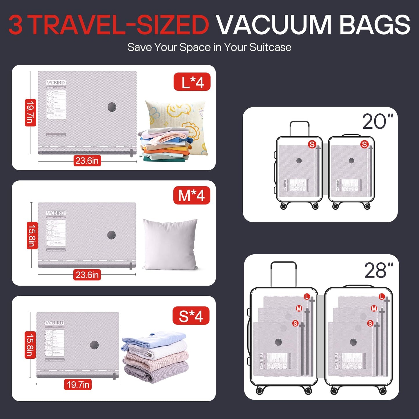 VMstr 12 Pack Vacuum Storage Bags for Travel, Carry-on Size for Luggage Compression Packing, Space Saver with High Pressure Electric Pump(DC Power)