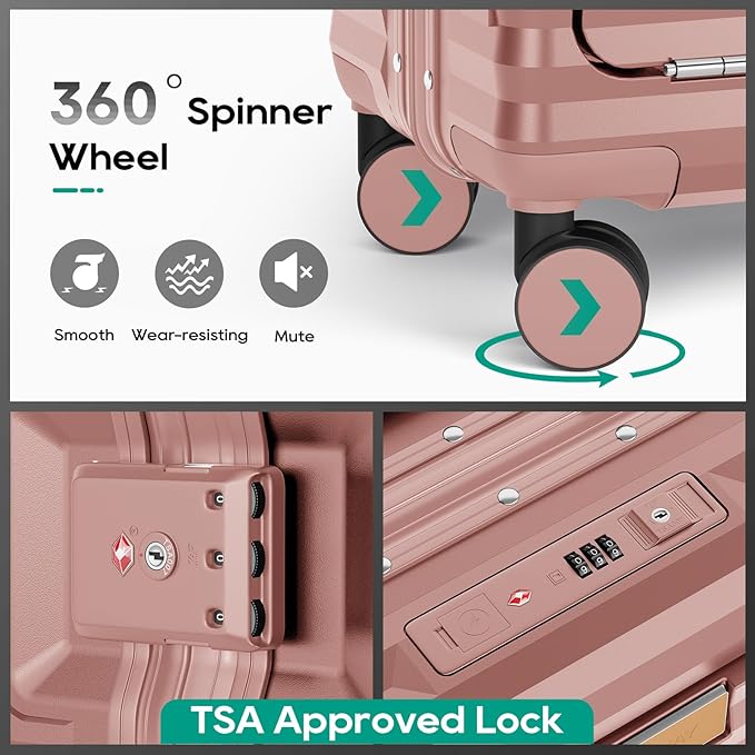 Joyway 20 Inch Carry on Luggage with Aluminium Frame and Front Pocket, PC Hardshell Suitcase with USB Port and Cup Holder, 21.5x14.2x9 Airline Approved, Luggage with Spinner Wheel TSA Lock(Rose Gold)