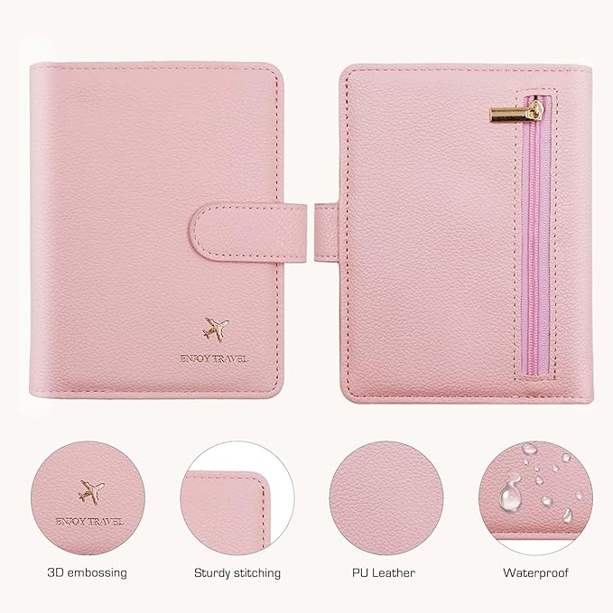 Cnycmy Passport Holder with RFID Blocking, Cash Pocket & Back Zipper Coin Pocket - Travel Document Holder, Magnetic Button, Multiple Card Slots - Soft PU Leather for Men and Women (PINK)