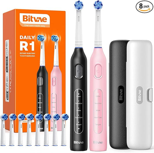 Bitvae Rotating Electric Toothbrush 2 Packs for Adults and Kids, 8 Brush Heads 60-Day Battery Life, 5 Modes Power Toothbrush with 2-Minute Smart Timer, Black & Pink, R1