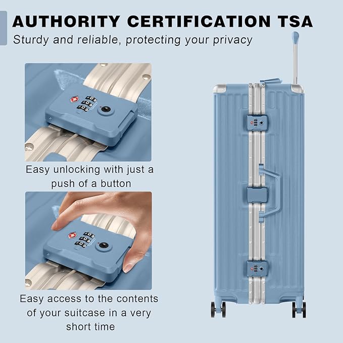 AnyZip Luggage PC+ABS Aluminum Frame Zipperless Checked Luggage Hard Shell Suitcase with TSA Lock Double Spinner Wheels 28 Inch Haze Blue