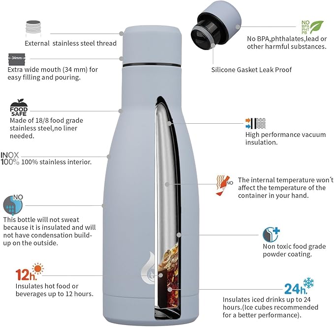 BJPKPK Insulated Water Bottle 12oz Small Stainless Steel Water Bottles Reusable Metal Thermal Keep Cold and Hot,Mist Grey