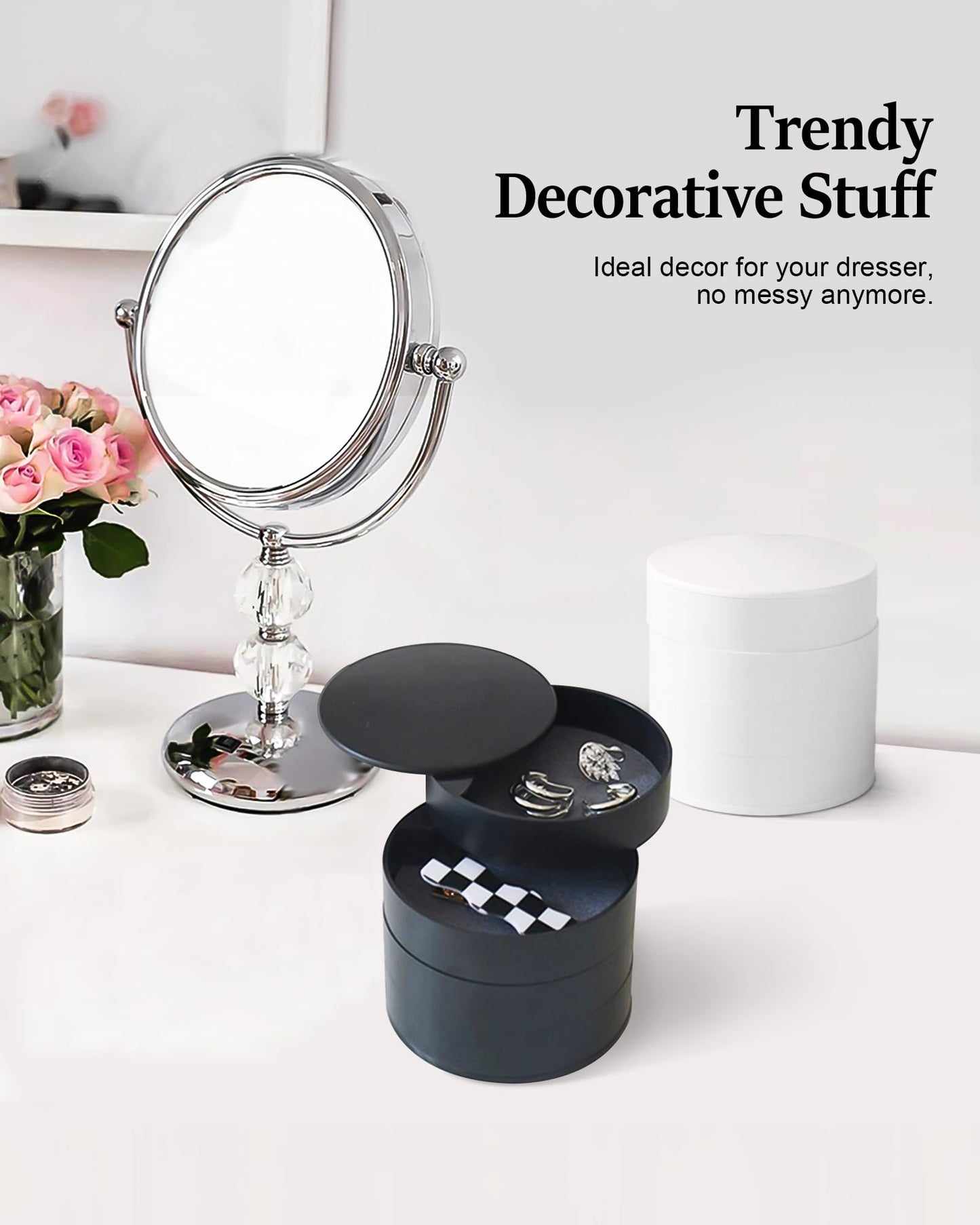 CONBOLA Jewelry Organizer, Small Jewelry Storage Box Earring Holder for Women, 5-Layer Rotating Travel Jewelry Tray Case with Lid for Bracelets Rings Bracelets(Black)