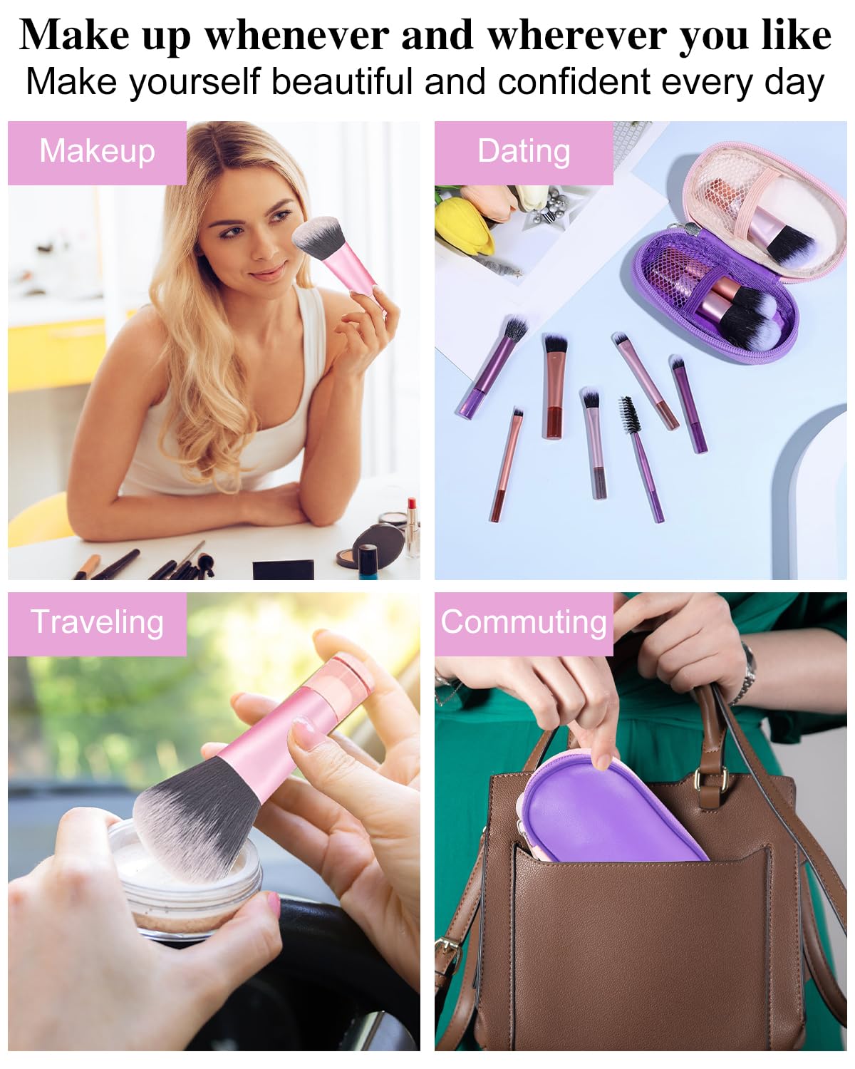 PGRODE Mini Travel Makeup Brushes Set, 14 Pieces, Portable Full Complete Function Cosmetic Kit with Brush Pouch, On the Go Short Makeup Brush Small Travel Essentials for Women, Girls (Colorful)