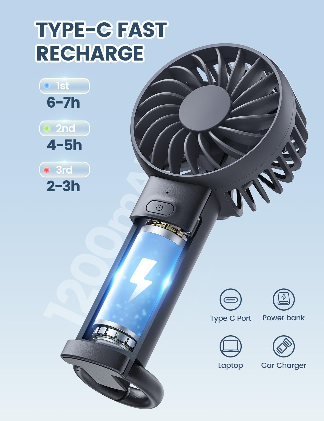 Lamicall Mini Portable Fan, 3 Speed Handheld Fan, Rechargeable Battery Personal Fan Makeup Eyelash Dryer Small Desk Fan for Travel Office Outdoor Women Men Cute Design-Black